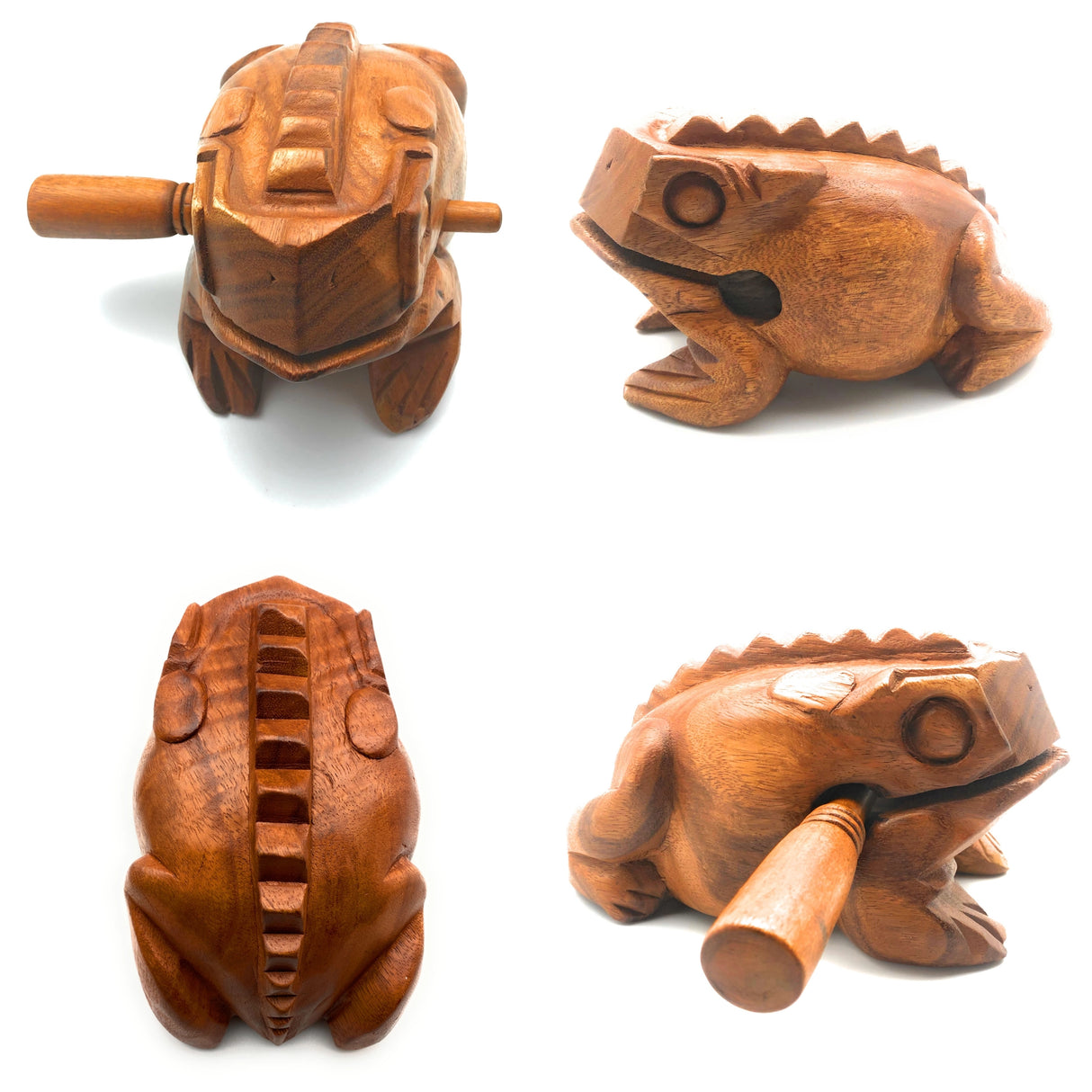 Wooden Croaking Frog 8in Light Brown percussion toy with striker making deep ribbbit sound in multiple views.