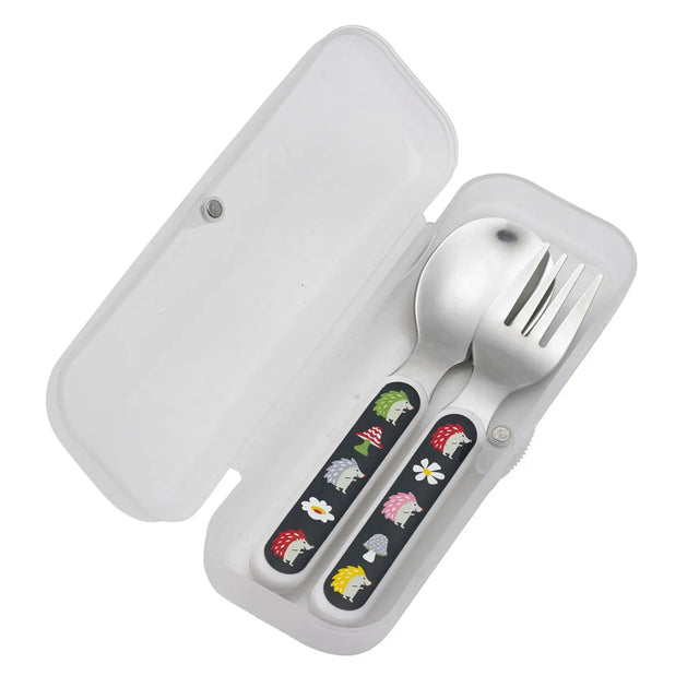 Child’s silverware set with colorful hedgehog designs in a reusable white carrying case, fork and spoon included