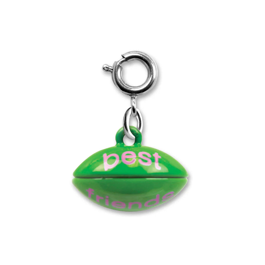 Peapod Charm featuring two green peas in a pod design with "best friends" text, made of enamel and acrylic.
