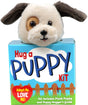 Plush puppy toy peeking out of blue Hug a Puppy Kit box with playful lettering and adoption heart design