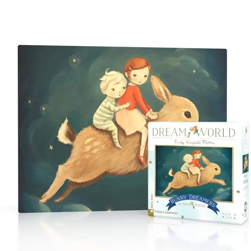 20pc Mini Bunny Dreamers Puzzle showing children riding a large bunny in a dreamy night sky illustration.