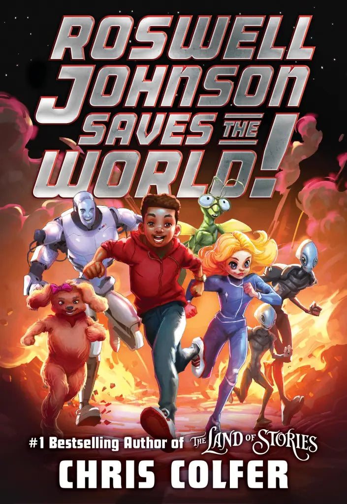 Cover of Roswell Johnson Saves the World featuring a boy and diverse alien characters in action against a fiery background.