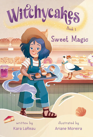 Cover of a colorful children’s book showing Blue, a young witch-in-training with baked goods and a friendly bird in a magical bakery.