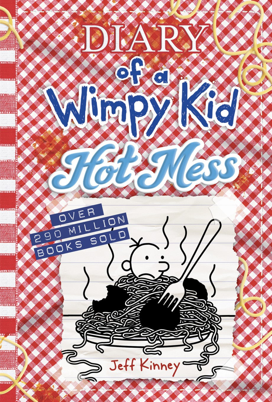 Diary of a Wimpy Kid #19 Hot Mess book cover showing Greg in a messy spaghetti pile on a red checkered background.