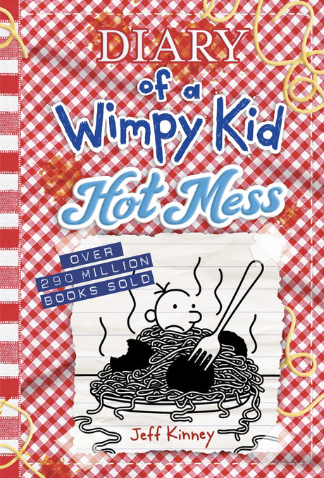 Diary of a Wimpy Kid #19 Hot Mess book cover showing Greg in a messy spaghetti pile on a red checkered background.