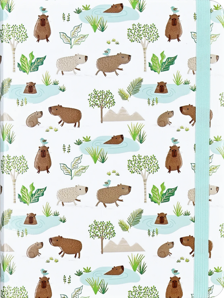 Capybara Life Journal with playful capybara and nature illustrations, light blue elastic closure, and durable hardcover binding.