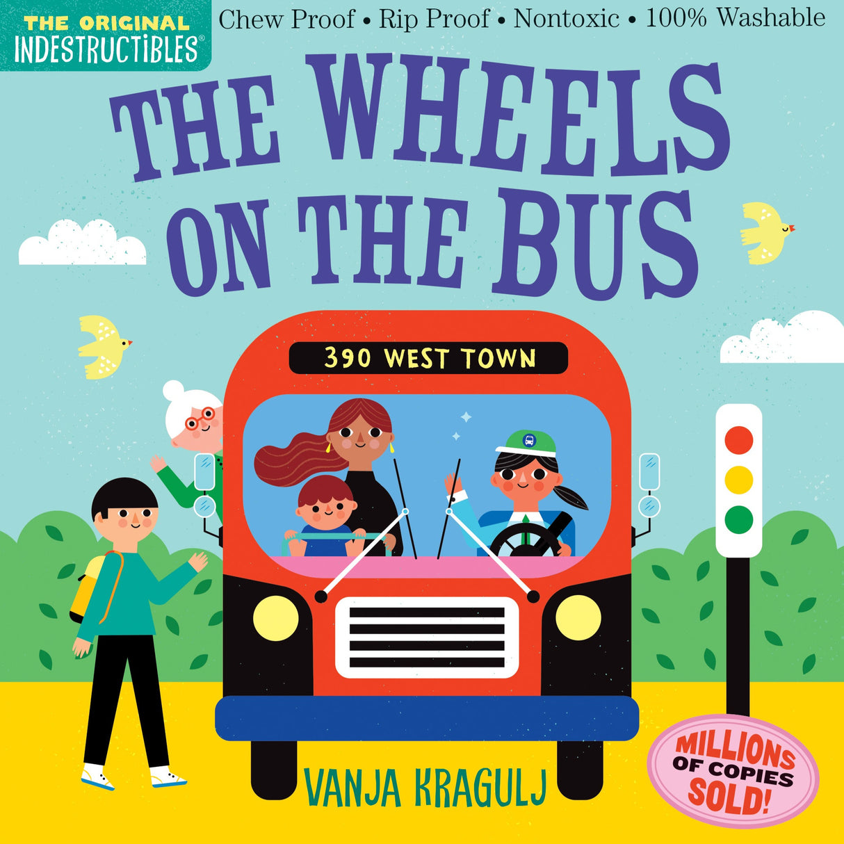 Indestructibles: The Wheels On the Bus features a bright bus illustration with children and adults riding and waving.