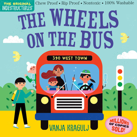 Indestructibles: The Wheels On the Bus features a bright bus illustration with children and adults riding and waving.