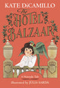 Cover of The Hotel Balzaar by Kate DiCamillo featuring a girl with a parrot on her shoulder against a coral background.