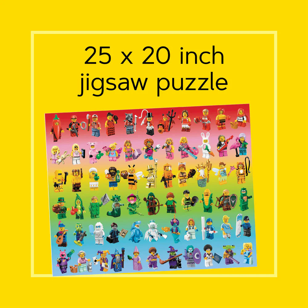1000pc Lego Rainbow Minifigure Puzzle showing colorful minifigures in a 25 x 20 inch jigsaw puzzle design