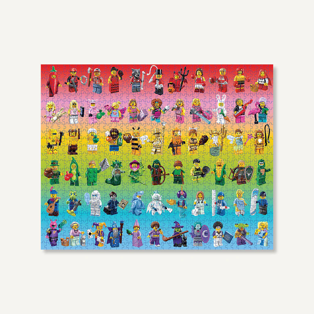 1000pc Lego Rainbow Minifigure Puzzle showcasing colorful rows of diverse LEGO minifigures on a rainbow background