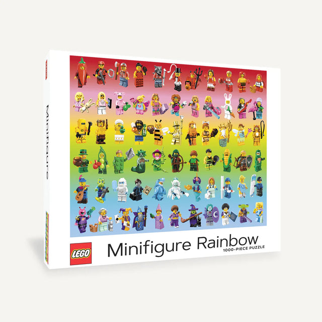 1000pc Lego Rainbow Minifigure Puzzle box featuring colorful LEGO minifigures arranged in a rainbow pattern.