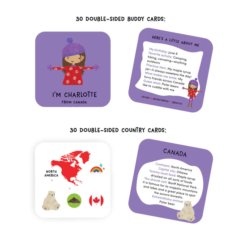 Examples of cards from the game, depicting that there are 30 double-sided buddy cards and 30 double-sided country cards, featuring cartoon illustrations and facts.