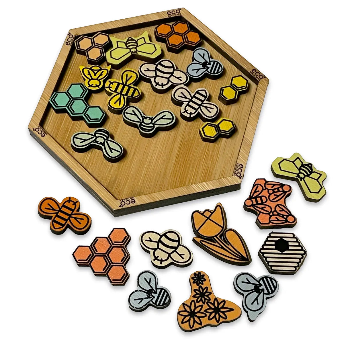 Hexagonal bamboo puzzle tray with colorful bee and flower pieces for children aged eight and up, eco-friendly design.