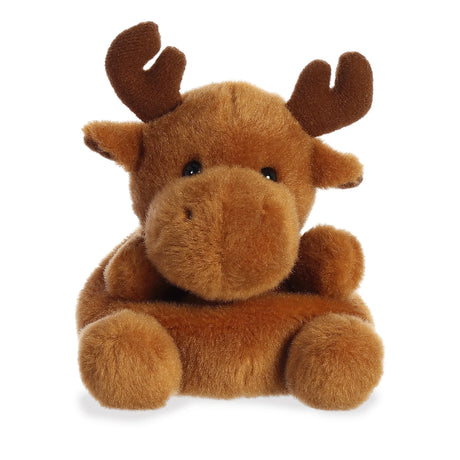 Palm Pals Moose Cinnamon plush toy, 5 inches tall, soft brown moose with friendly face and large antlers.