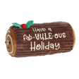 Fab-Yule-Ous Holiday plush Yule log toy with festive embroidery, holly detail, and a smiling face, soft and cuddly.