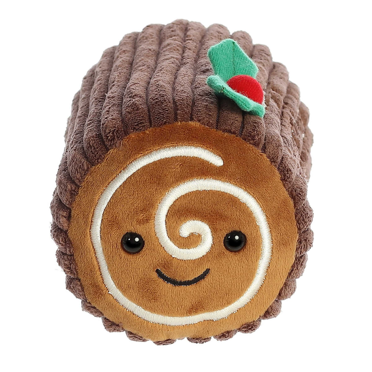 Fab-Yule-Ous Holiday plush toy shaped like a smiling Yule log with holly decoration and white swirl detailing.