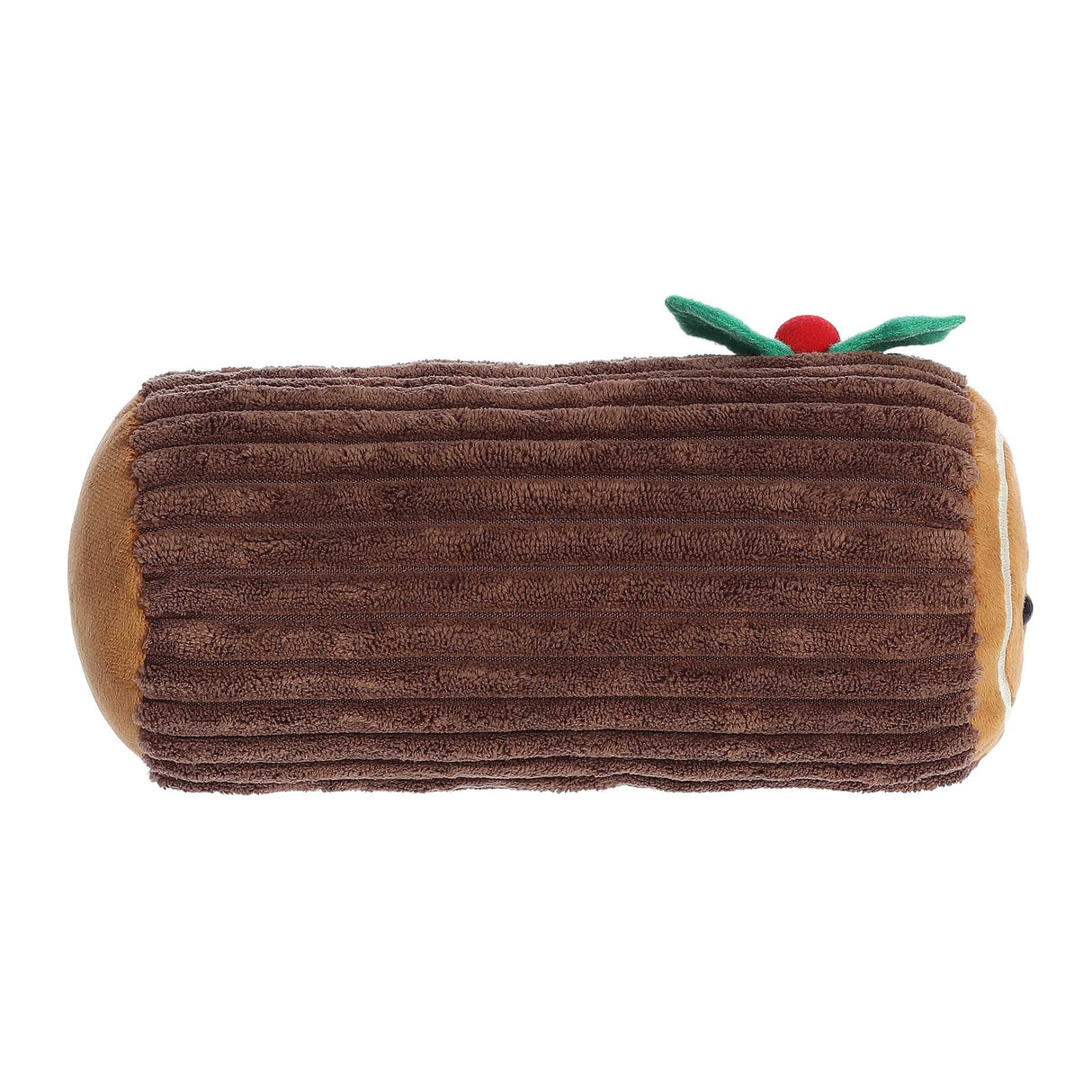 Fab-Yule-Ous Holiday plush toy shaped like a brown Yule Log with embroidered holiday message and holly decoration.