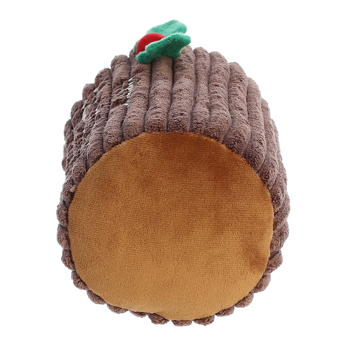 Fab-Yule-Ous Holiday plush yule log toy with brown texture, holly decoration, and embroidered festive message.