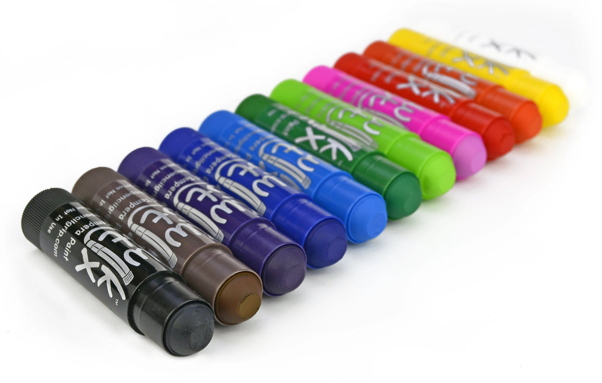 Kwikstix Tempura Paint Classic Colors showing vibrant solid paint sticks in a variety of colors for easy, mess-free painting.