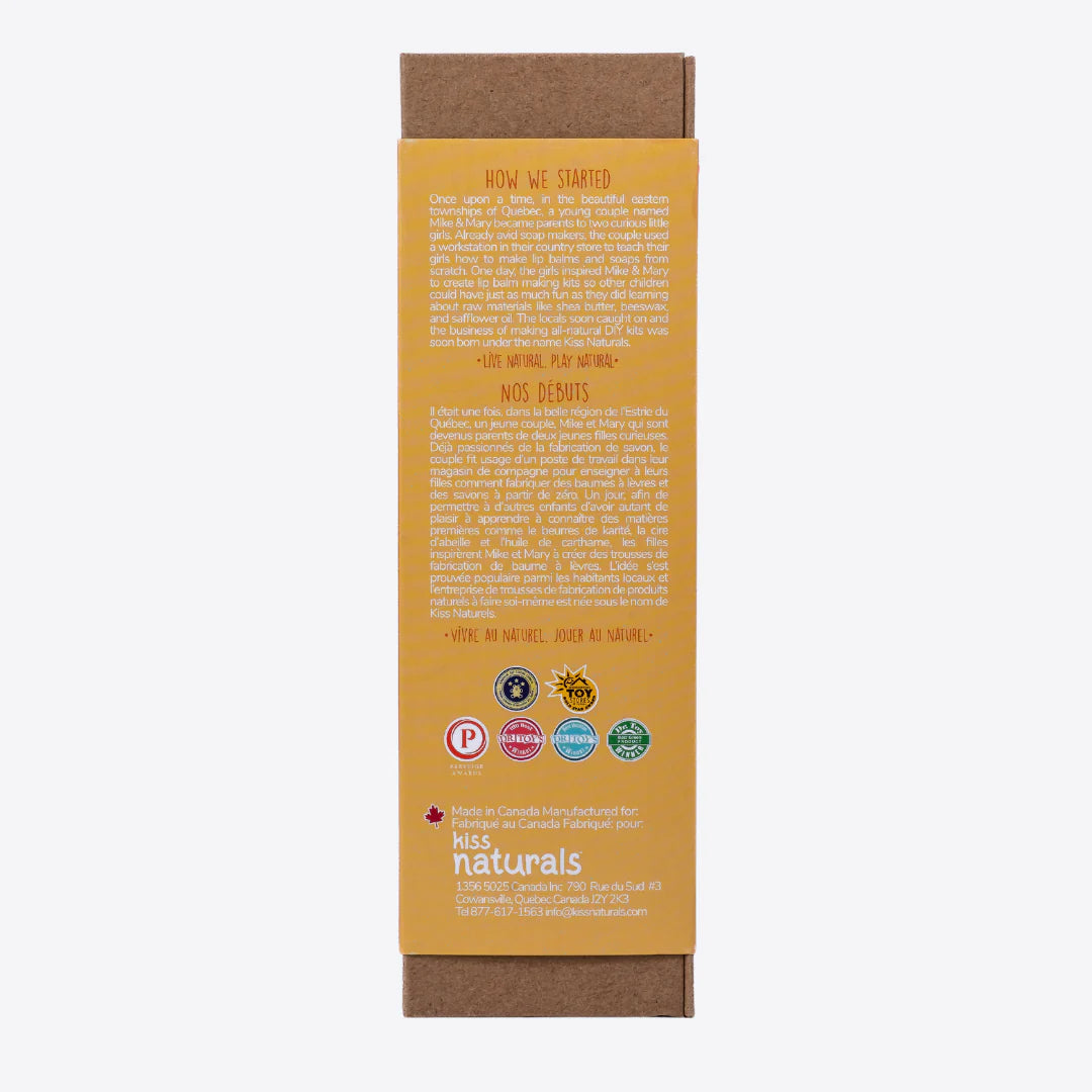 DIY Lava Lip Gloss Kit packaging showing eco-friendly materials and product information in a yellow and brown box.