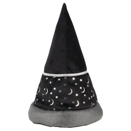 Black wizard hat for kids with silver stars and moons, perfect for magical play and costume events.