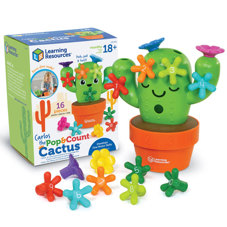 Carlos the Pop & Count Cactus toy with colorful flowers for fine motor skills and counting, stored in an orange pot.