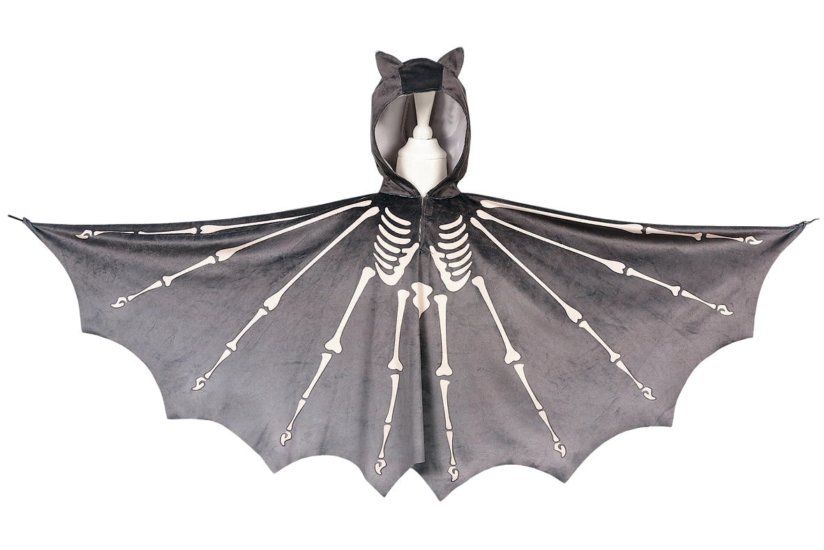 Grey velvet bat cape with skeleton print, pointed wings, and hood with ears for imaginative play ages 4 to 8