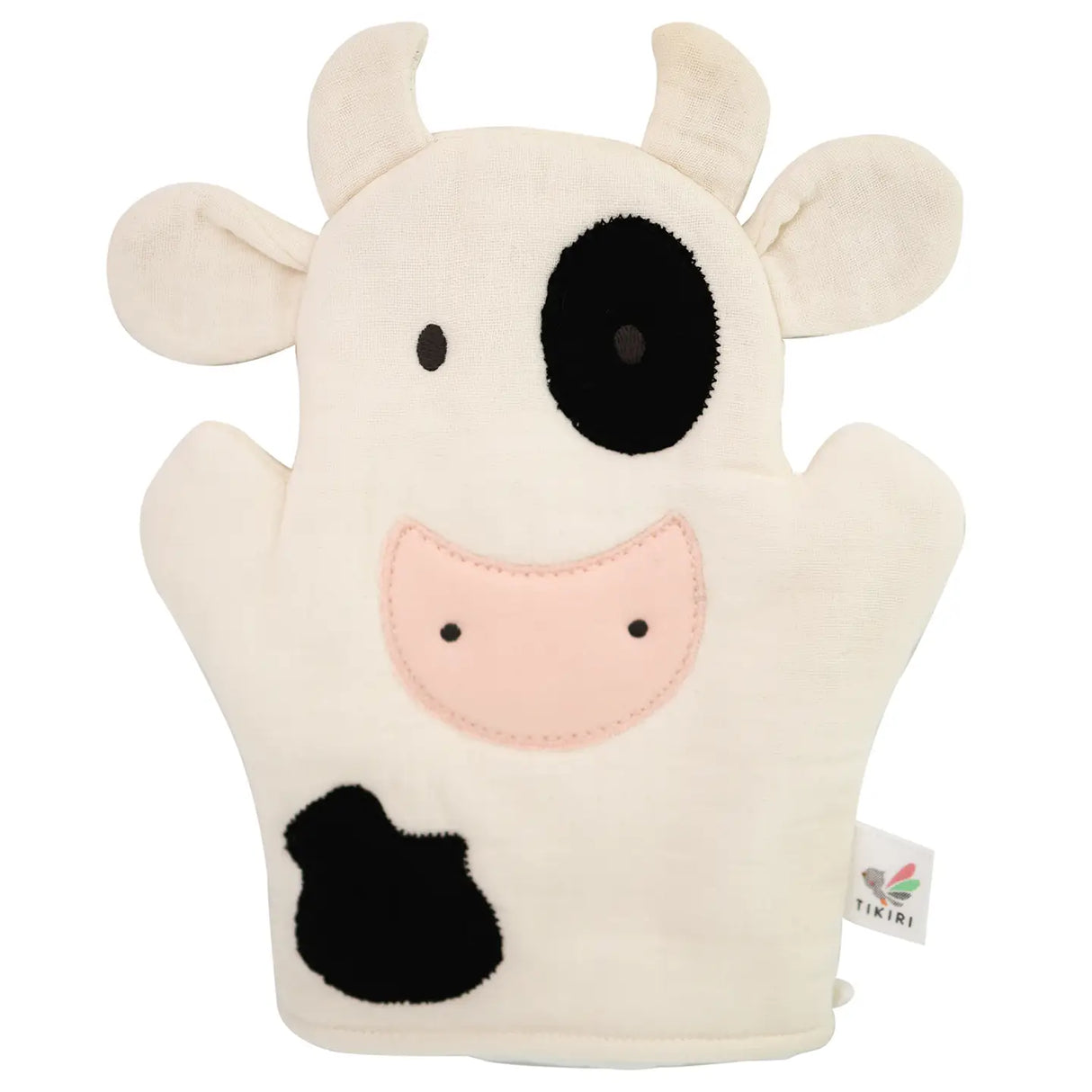 Farm Bath Mitt | Cow made of soft cotton muslin with embroidered details, gentle for babies’ skin during bath time.