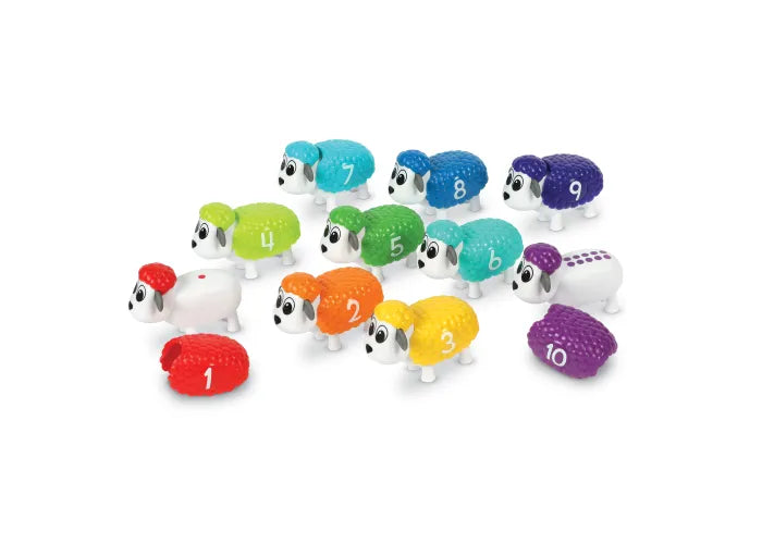 Counting Sheep colorful number toys with snap-on wool for early math, counting, and fine motor skills development.