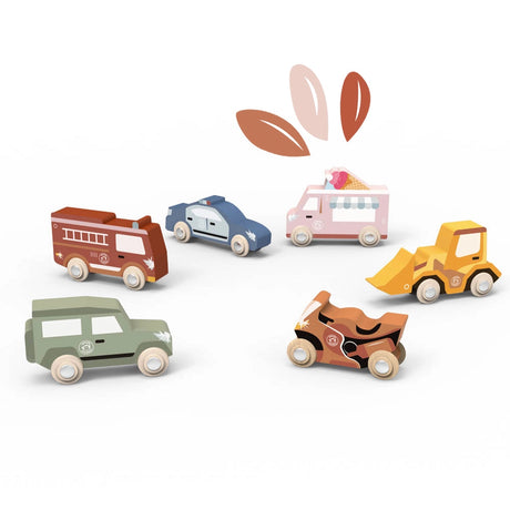 Set of colorful wooden utility vehicles including fire truck police car ice cream truck construction loader and motorcycle for toddlers