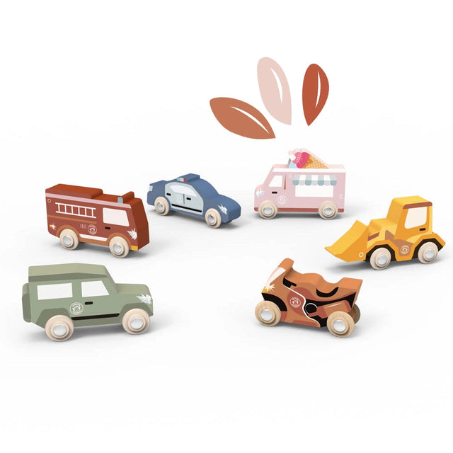 Set of colorful wooden utility vehicles including fire truck police car ice cream truck construction loader and motorcycle for toddlers