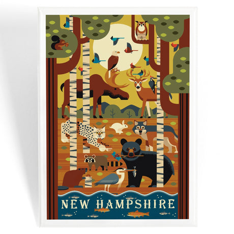 NH Geometric Forest Animals Magnet featuring colorful geometric wildlife in a New Hampshire forest scene.