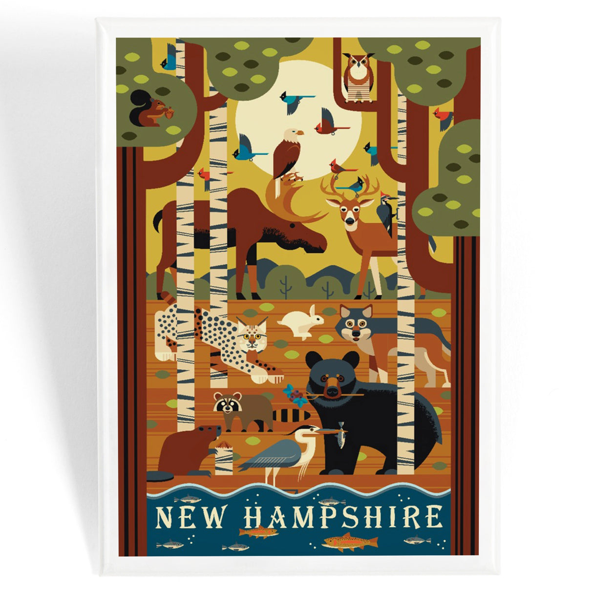 NH Geometric Forest Animals Magnet featuring colorful geometric wildlife in a New Hampshire forest scene.