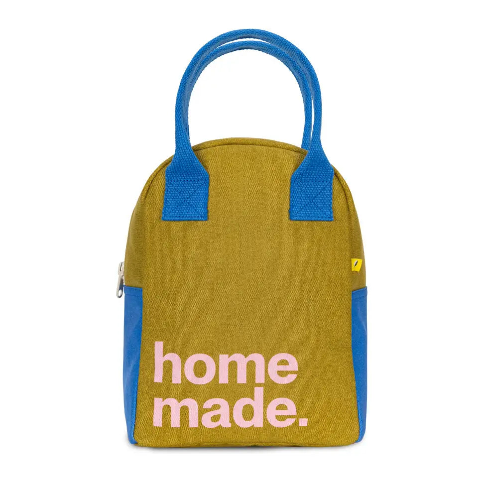 Compact and stylish organic cotton lunch bag with blue handles and pink homemade logo, perfect for everyday use.