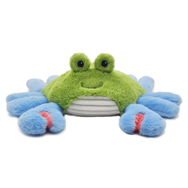 Soft green and blue plush crab with big eyes, designed to provide warmth and comfort scented with lavender