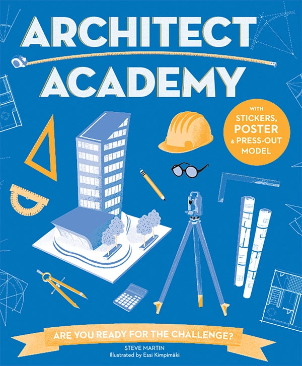 Cover of Architect Academy book with architectural tools, building model, and a challenge banner on blue background