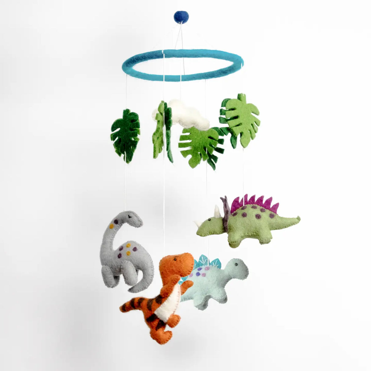 Felt Mobile | Baby Dinosaur with colorful handmade felt dinosaurs and leaves hanging gently from a teal hoop for nursery decor.