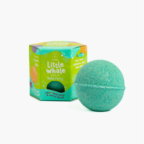 Little Whale Bath Co Bath Fizzy in blue with colorful packaging, fizzy for kids’ bath time fun and scents the air.
