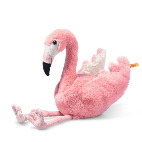 Flamingo Jill plush toy with dangling legs and soft pink feathers, perfect for cuddling and display.