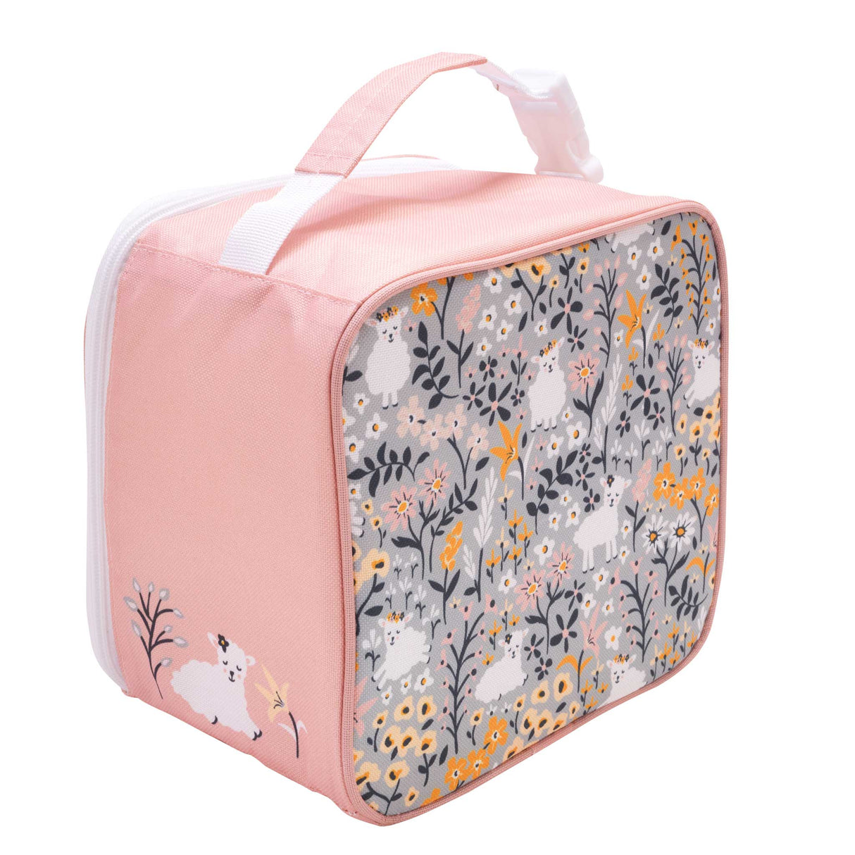 Super Zippee Lunch Tote Lily the Lamb with colorful flower field and lamb design, insulated and kid-friendly lunch bag.