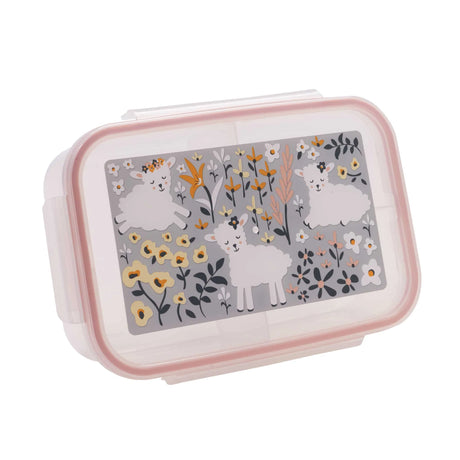 Good Lunch Bento Box | Lily the Lamb features lambs and flowers on a kid-friendly, airtight lunchbox with three compartments.