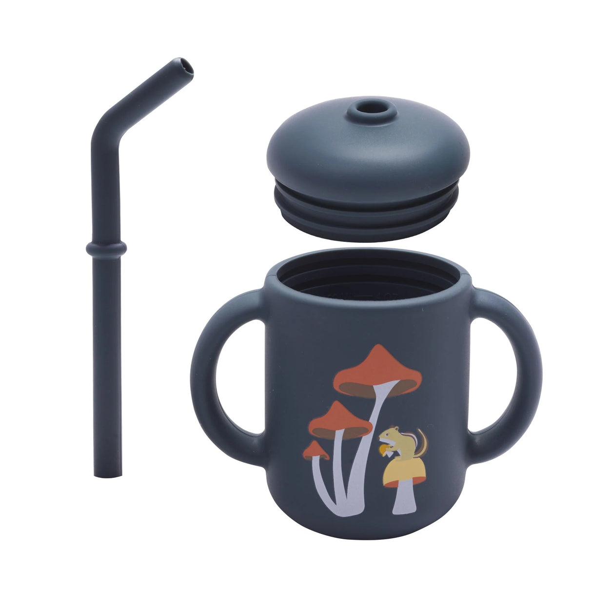 Fresh & Messy Sippy Cup | Mostly Mushrooms with removable lid, straw, two handles, and mushroom chipmunk design.