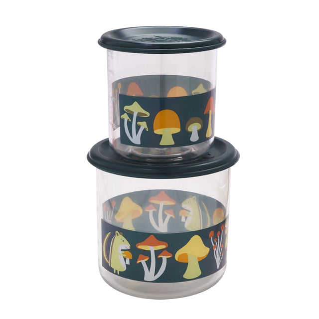 Good Lunch Snack Containers | Mostly Mushrooms nested set with chipmunk and mushroom design, clear, durable, leak-proof.