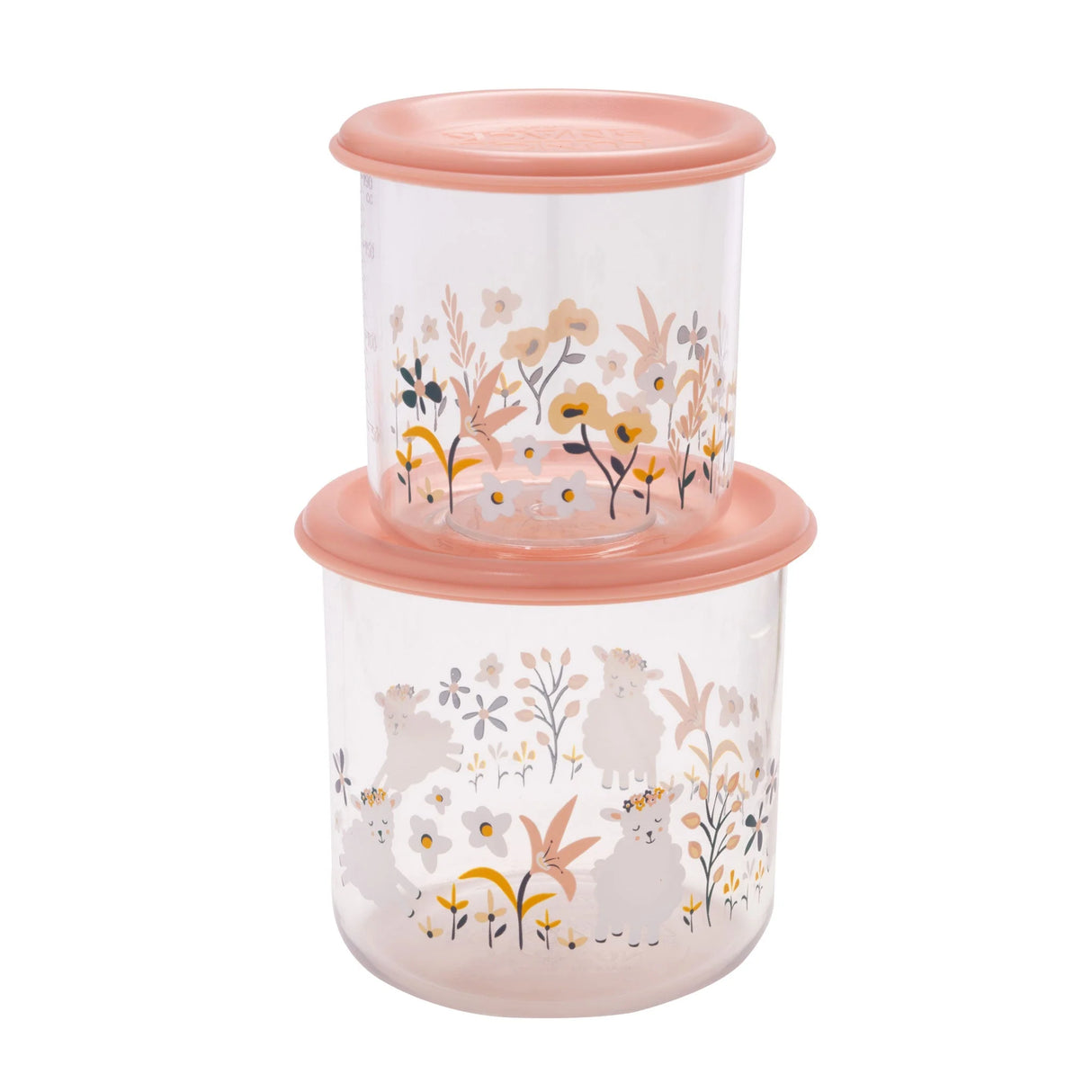 Good Lunch Snack Containers | Lily the Lamb with floral and lamb design, clear, durable, leak-proof, and airtight lids.