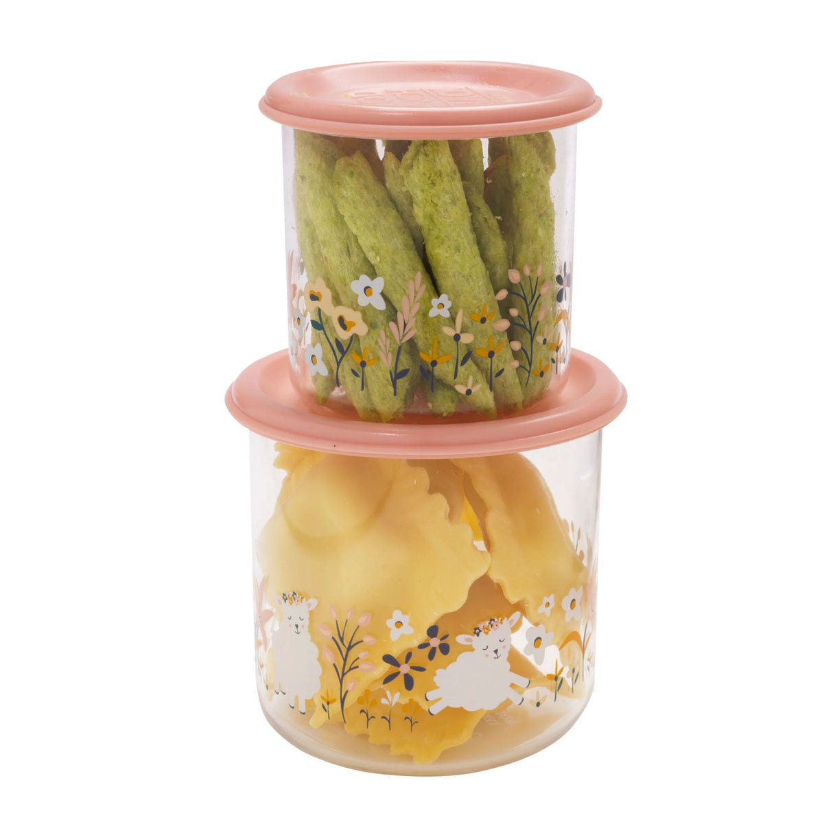 Good Lunch Snack Containers | Lily the Lamb set of two clear, durable snack containers with pink lids and floral lamb design.
