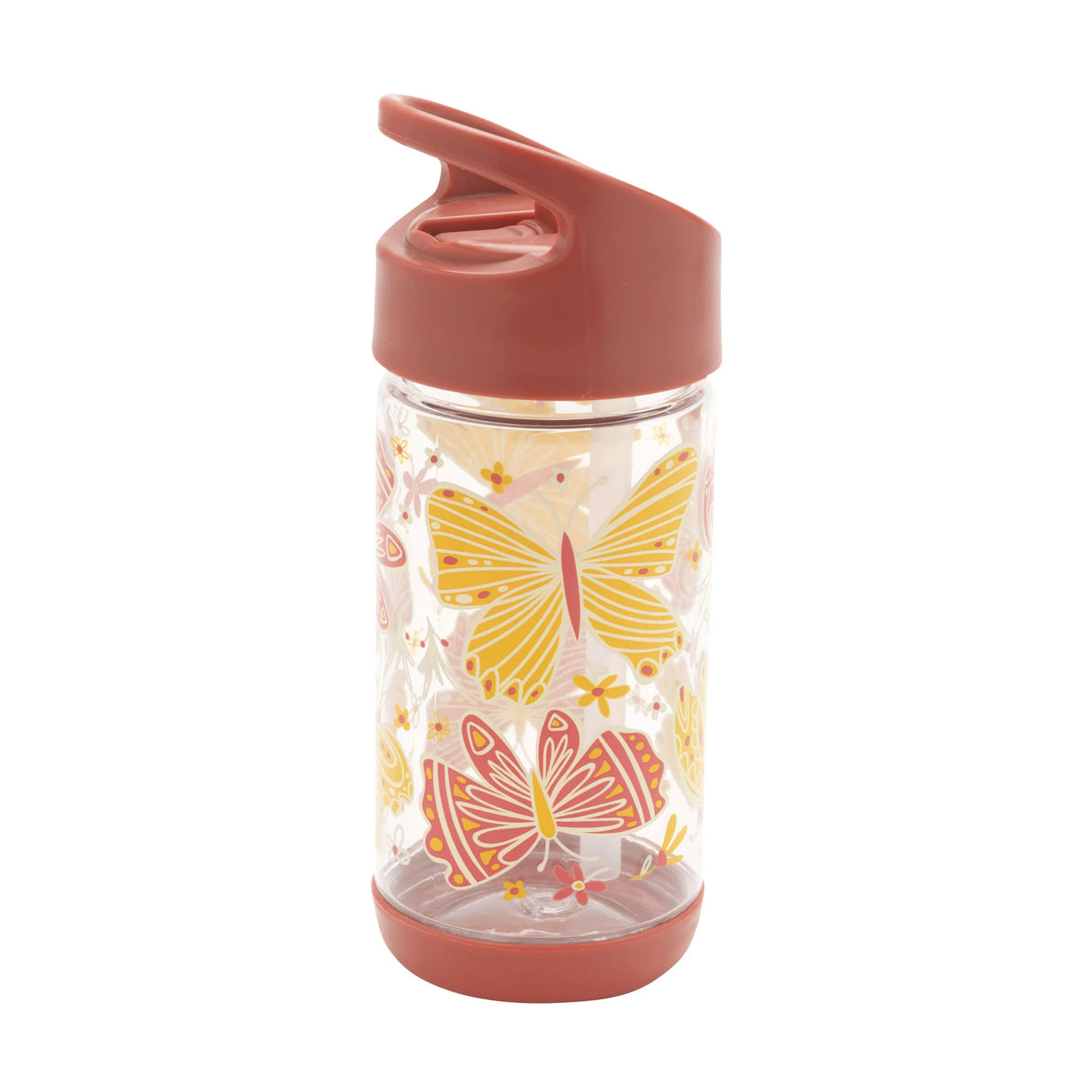 Flip & Sip | Boho Butterfly water bottle with turmeric and rust butterfly design, clear Tritan, red lid, and carabiner.