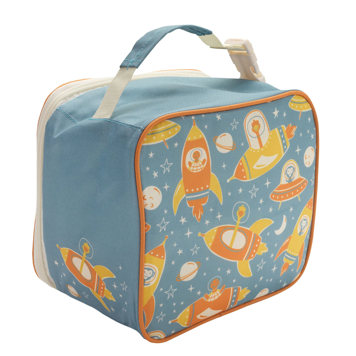 Super Zippee Lunch Tote | Zoom! with space-themed flying zoo animals, insulated and kid-friendly for snacks and lunch.