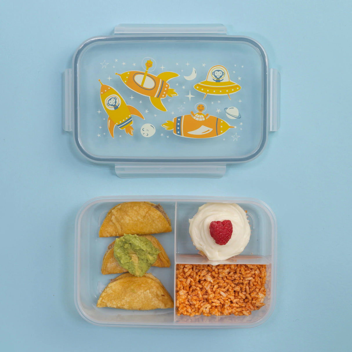 Good Lunch Bento Box | Zoom! with zoo animals in spaceships, three compartments keeping food fresh and separated.