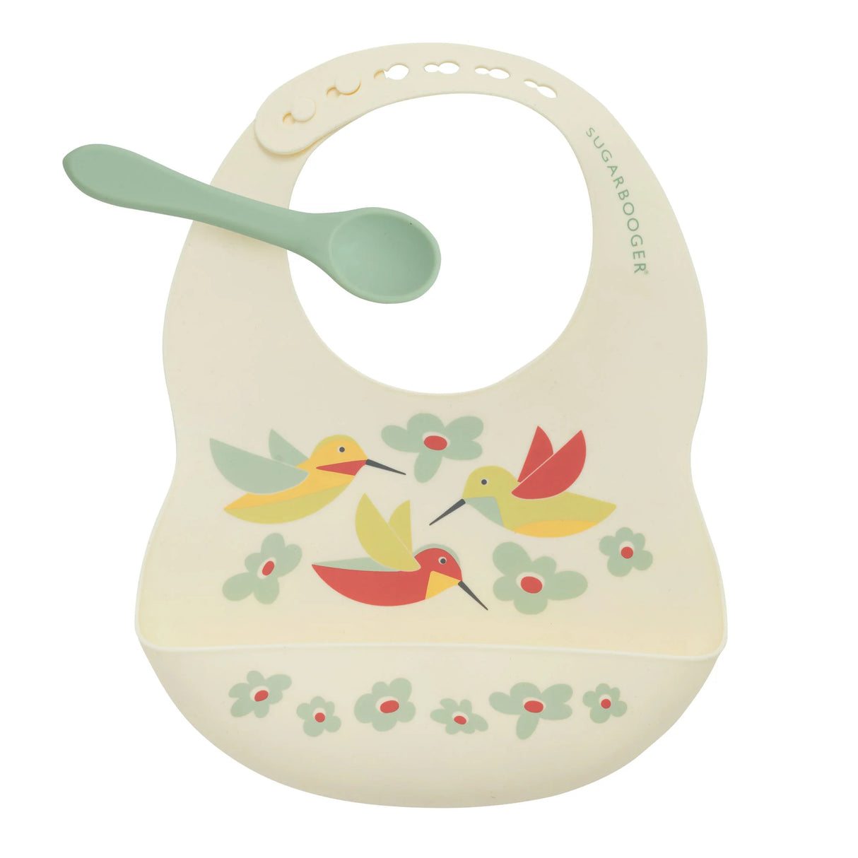 Fresh & Messy Silicone Bib & Spoon Set | Hummingbird with colorful birds and flowers, includes adjustable bib and matching spoon.